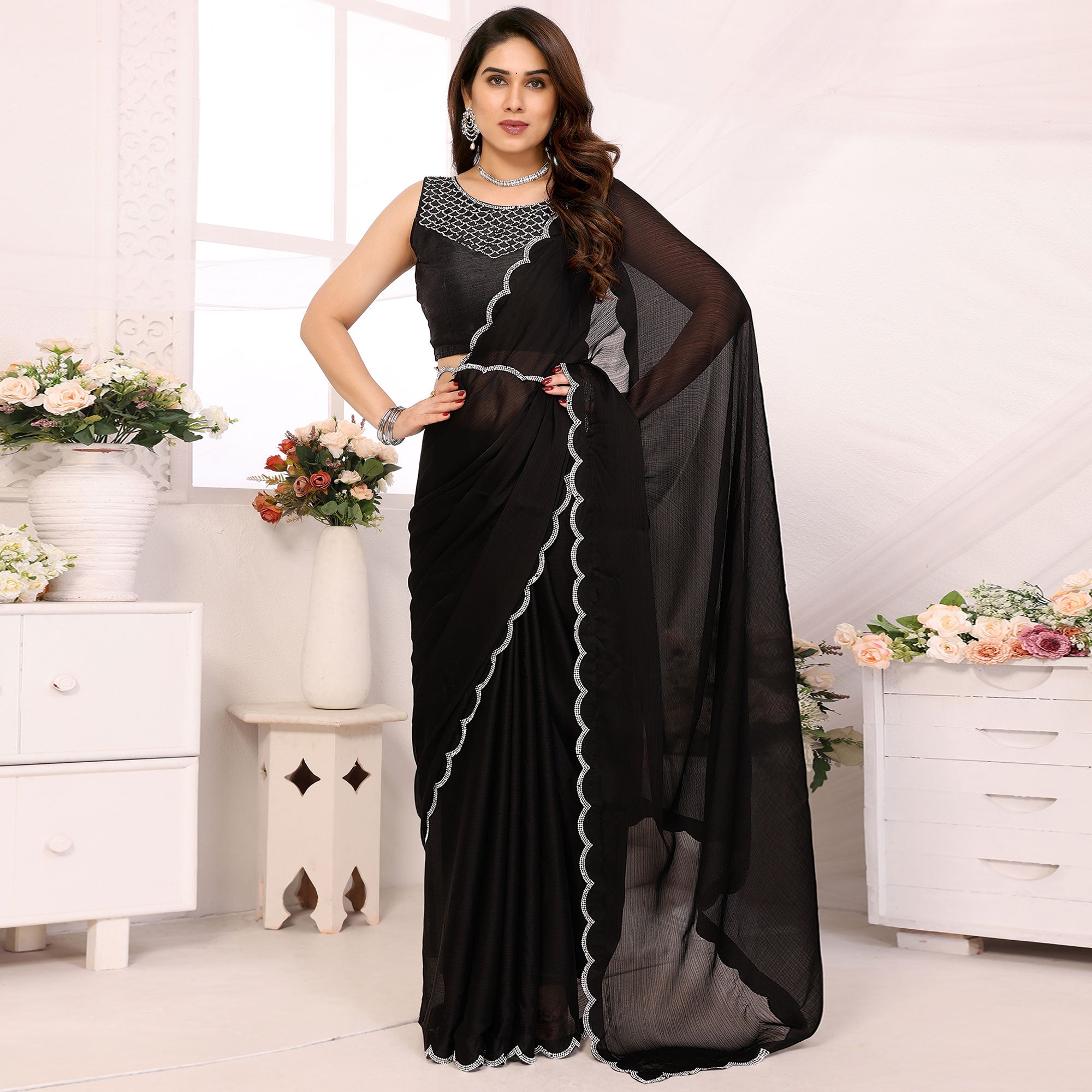 Black Solid Chiffon Saree With Stone Work Border