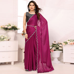 Magenta Solid Chiffon Saree With Stone Work Border