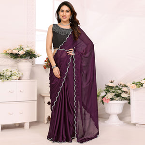 Purple Solid Chiffon Saree With Stone Work Border