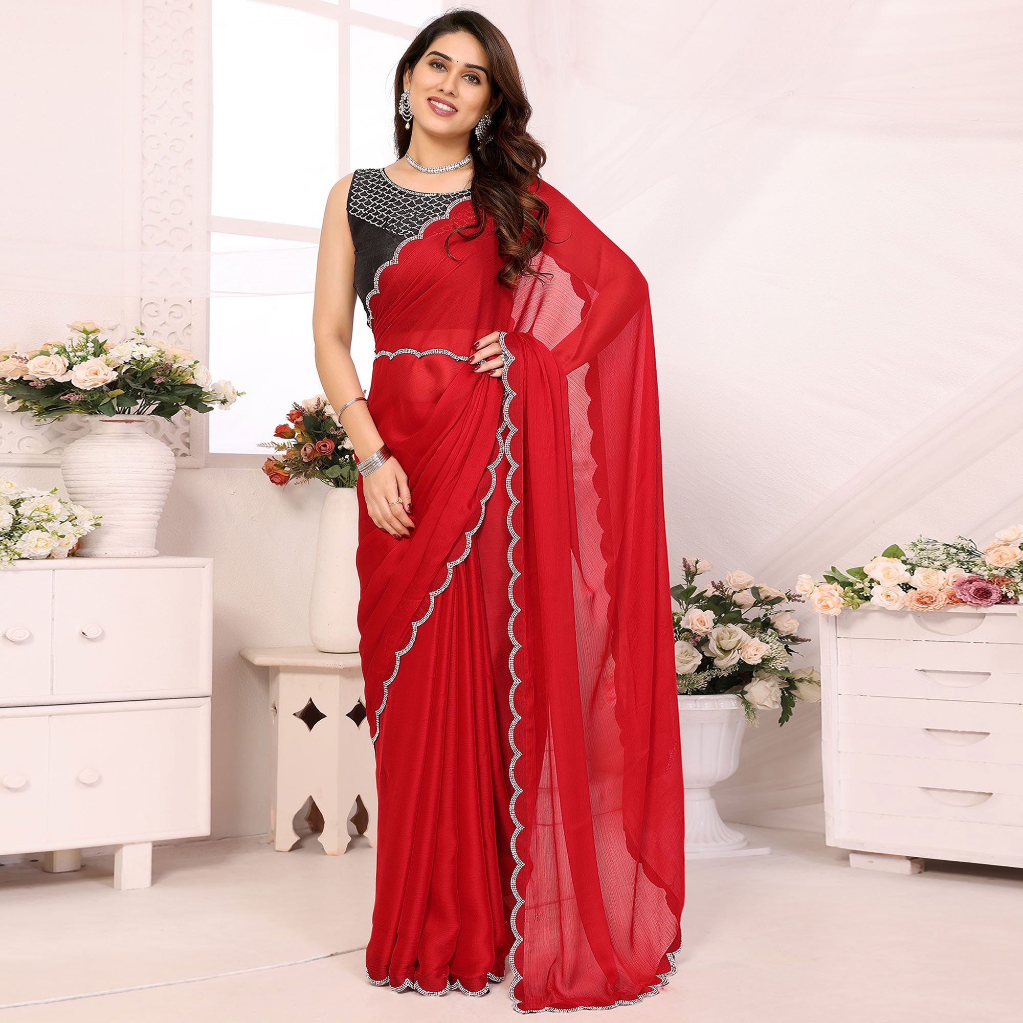Red Solid Chiffon Saree With Stone Work Border