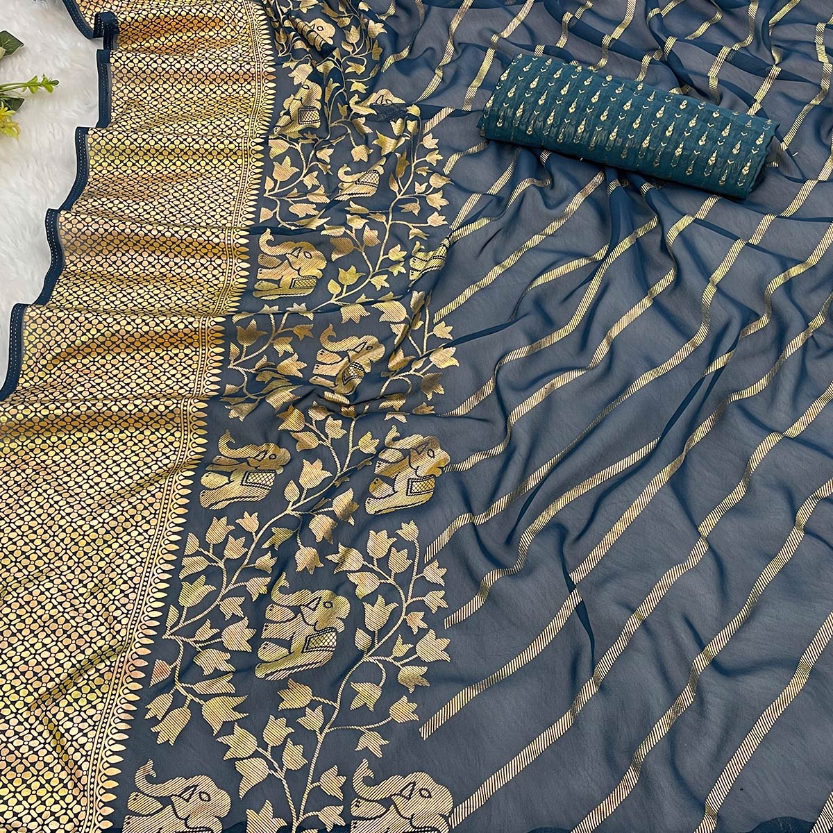 Navy Blue Striped Foil Printed Georgette Saree With Tassels