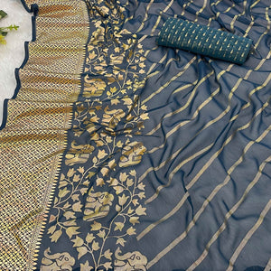 Navy Blue Striped Foil Printed Georgette Saree With Tassels