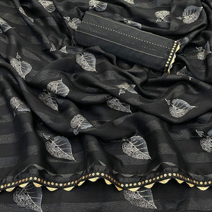 Black Foil Printed Chiffon Saree With Sequins Embroidered Border