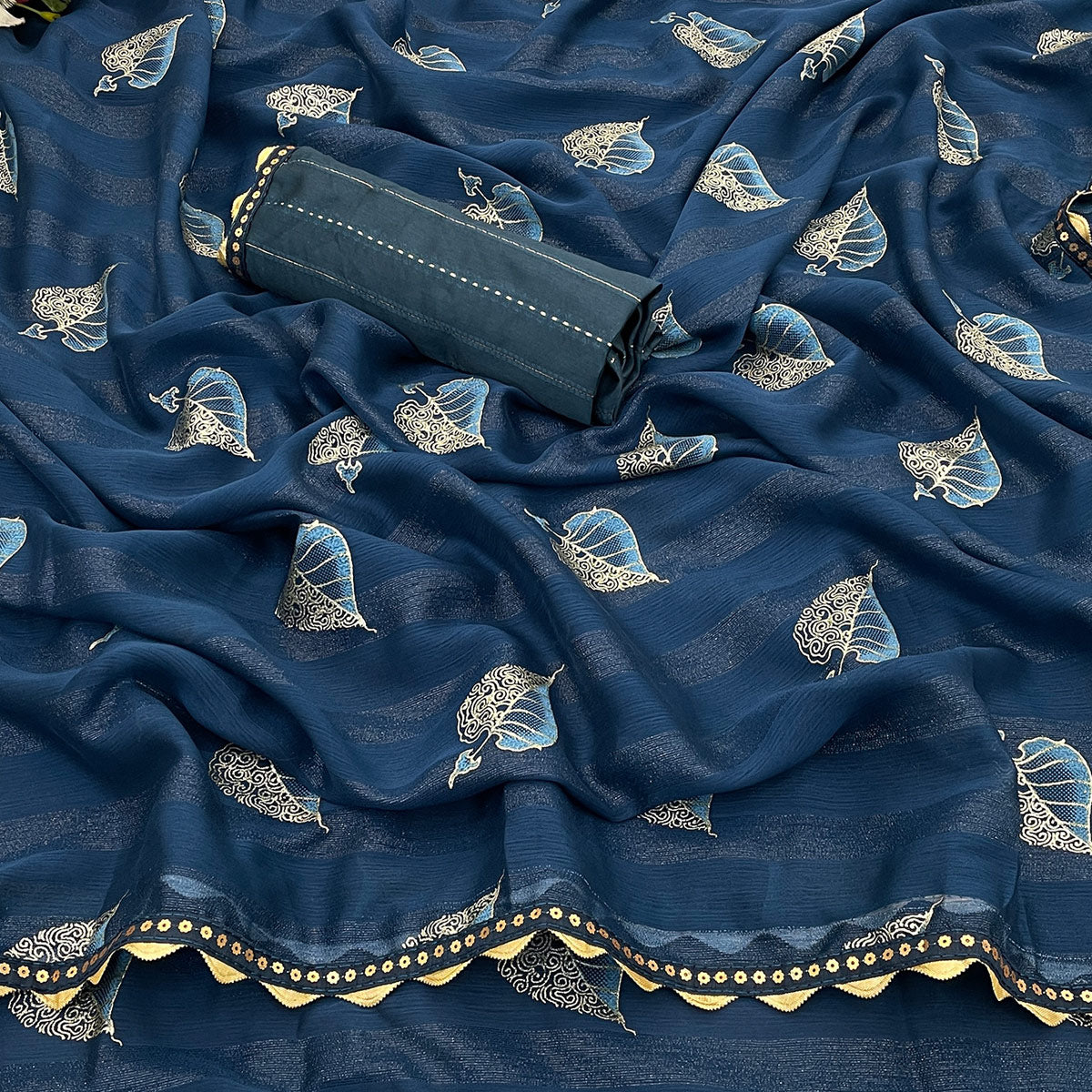 Blue Foil Printed Chiffon Saree With Sequins Embroidered Border