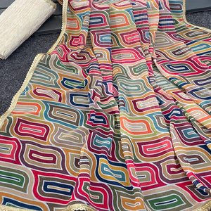 Multicolor Geometric Digital Printed Georgette Saree With Fancy Lace Border