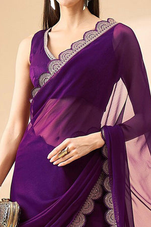 Purple Solid Chiffon Saree With Embellished Saree