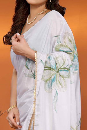 White & Green Floral Printed Chiffon Saree