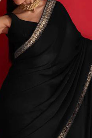 Black Solid With Embellished Bordered Chiffon Sarees