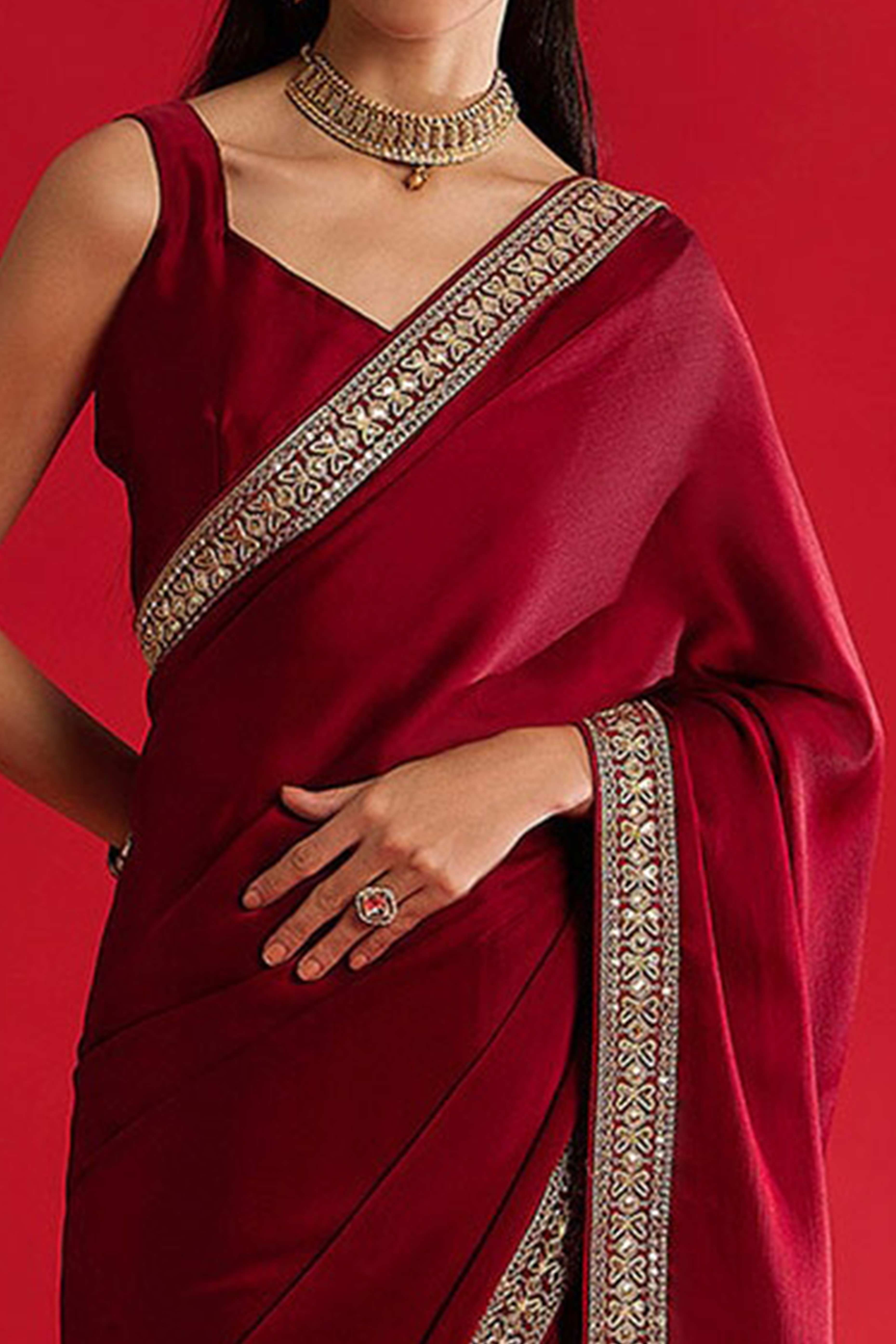 Maroon Solid With Embellished Bordered Chiffon Sarees