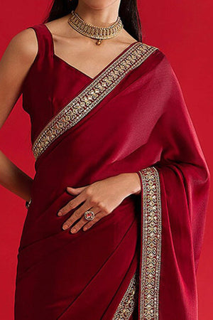 Maroon Solid With Embellished Bordered Chiffon Sarees