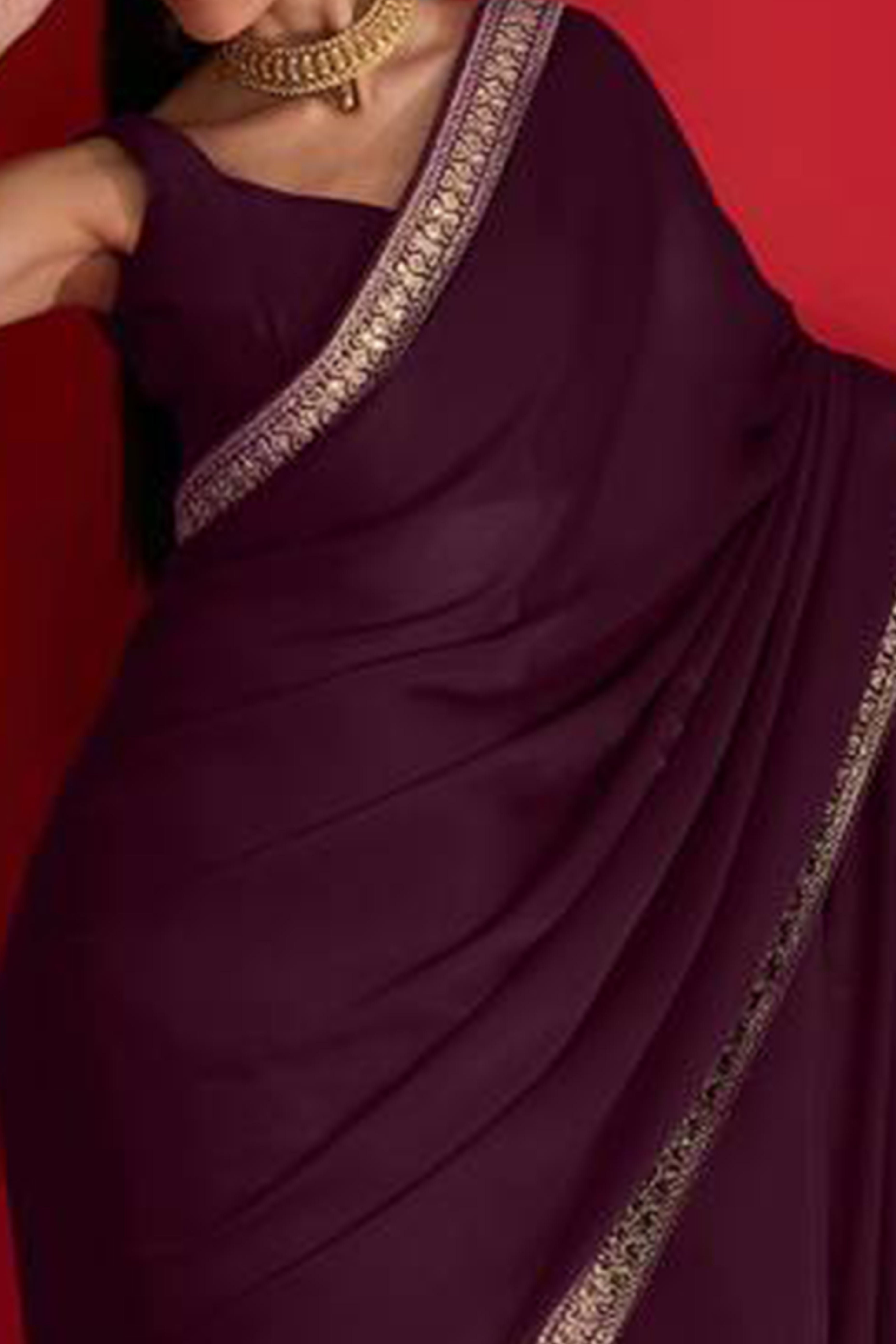 Wine Solid With Embellished Bordered Georgette Sarees