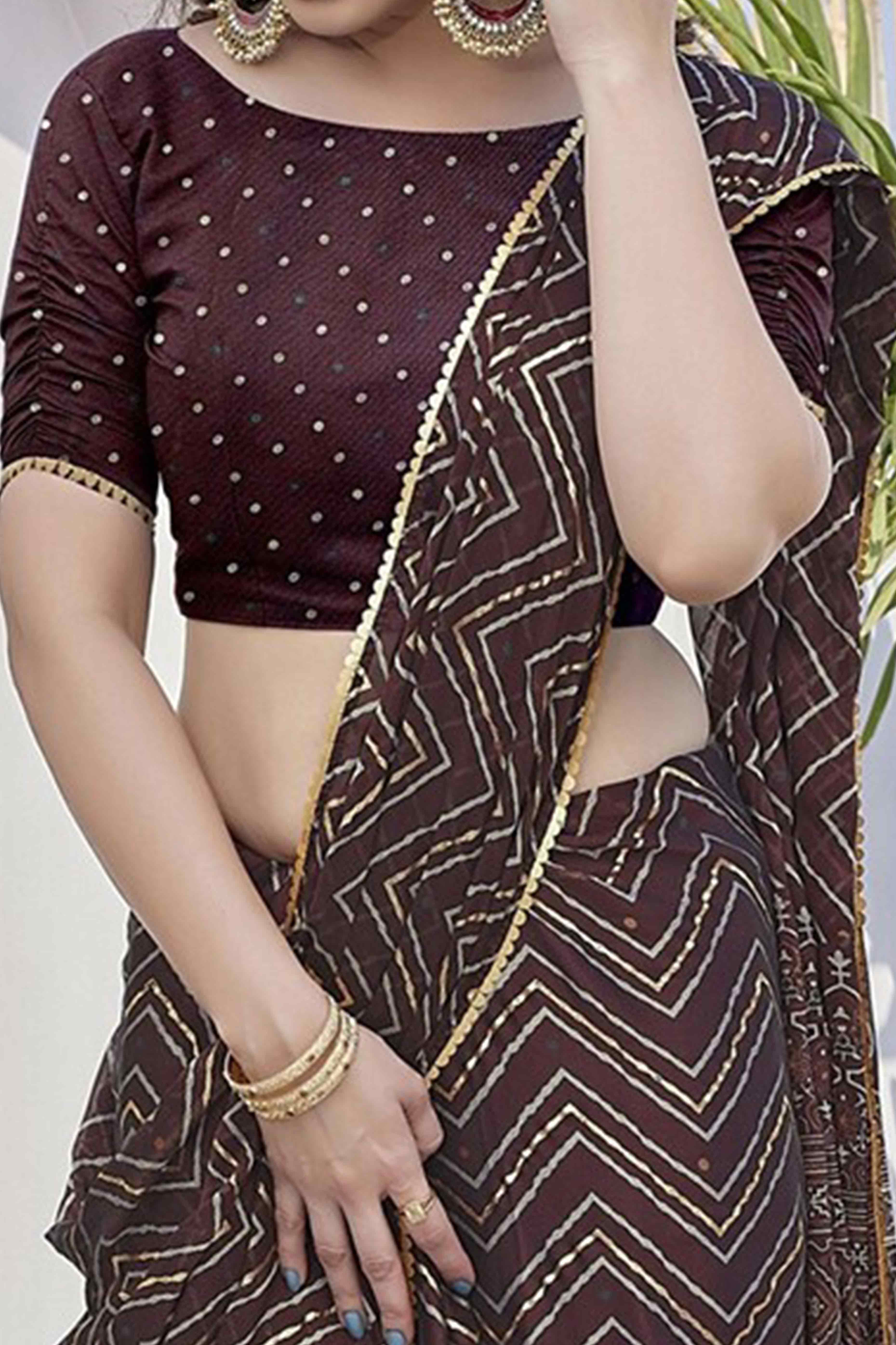 Dark Wine Chiffon Saree With Zig-Zag Foil Print & Golden Lace Border