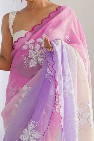 Pink & Lavender Ombre Silk Blend Saree Accentuated With Floral Sequins Embroidery
