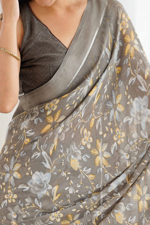 Grey Moss Silk Blend Saree With Artistic Floral Digital Print & Stylish Tassel Pallu