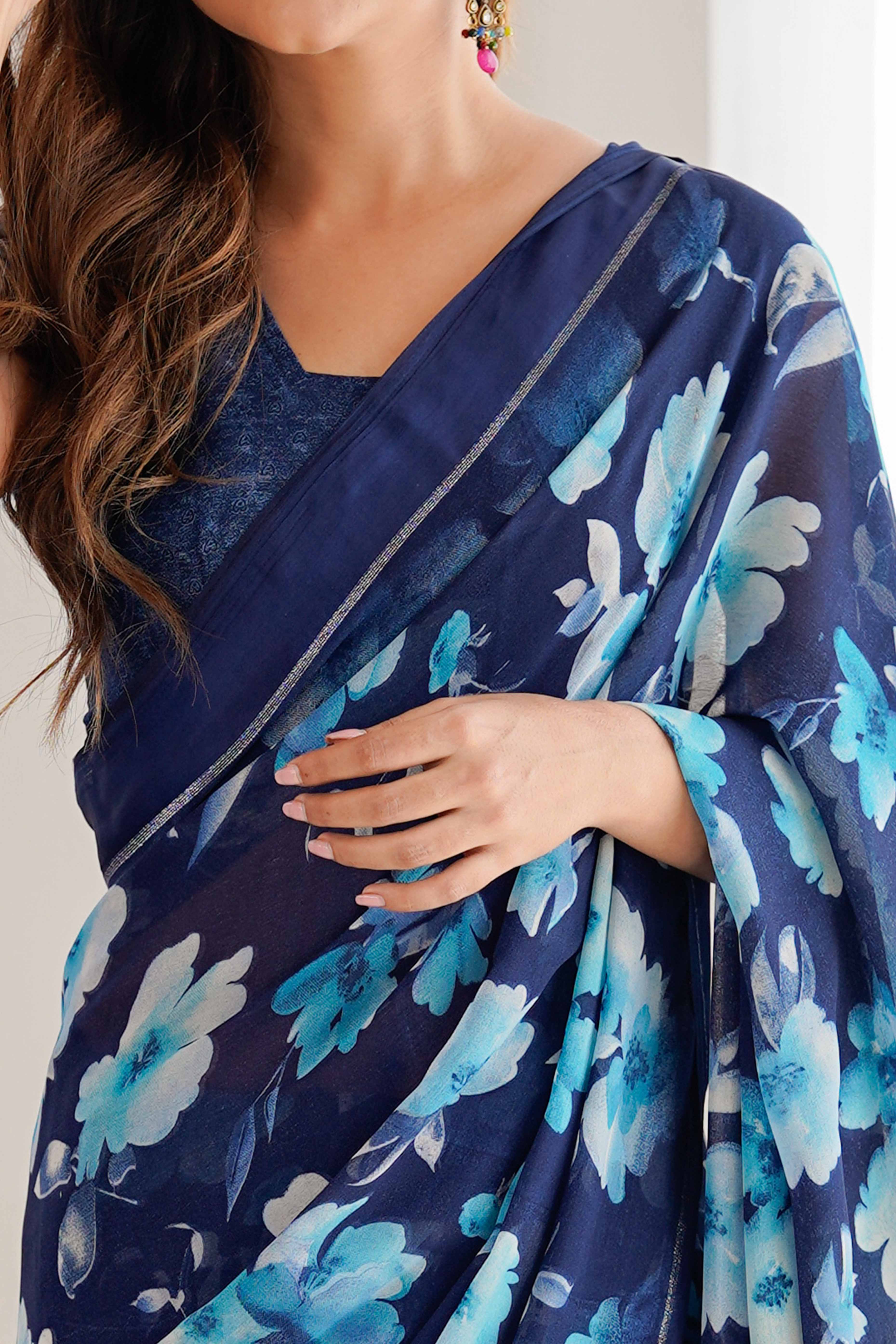 Dark Blue Floral Printed Moss Silk Blend Saree Adorned With Playful Tassel Pallu