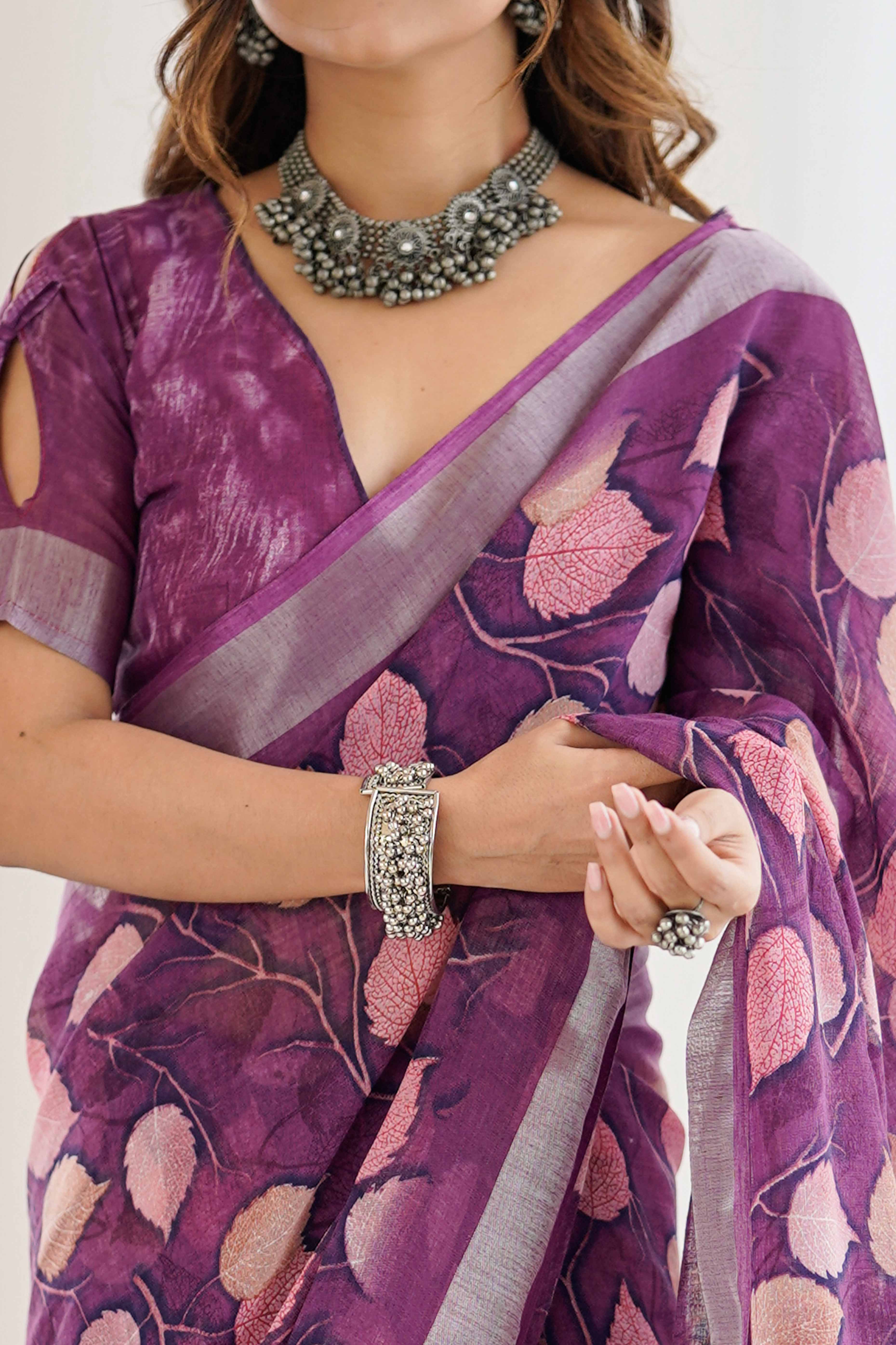 Purple Linen Saree With Graceful All Over Leaf Pattern