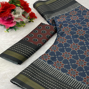 Graceful Navy Blue Digital Ikkat Printed Saree in Luxurious Silk Blend Fabric