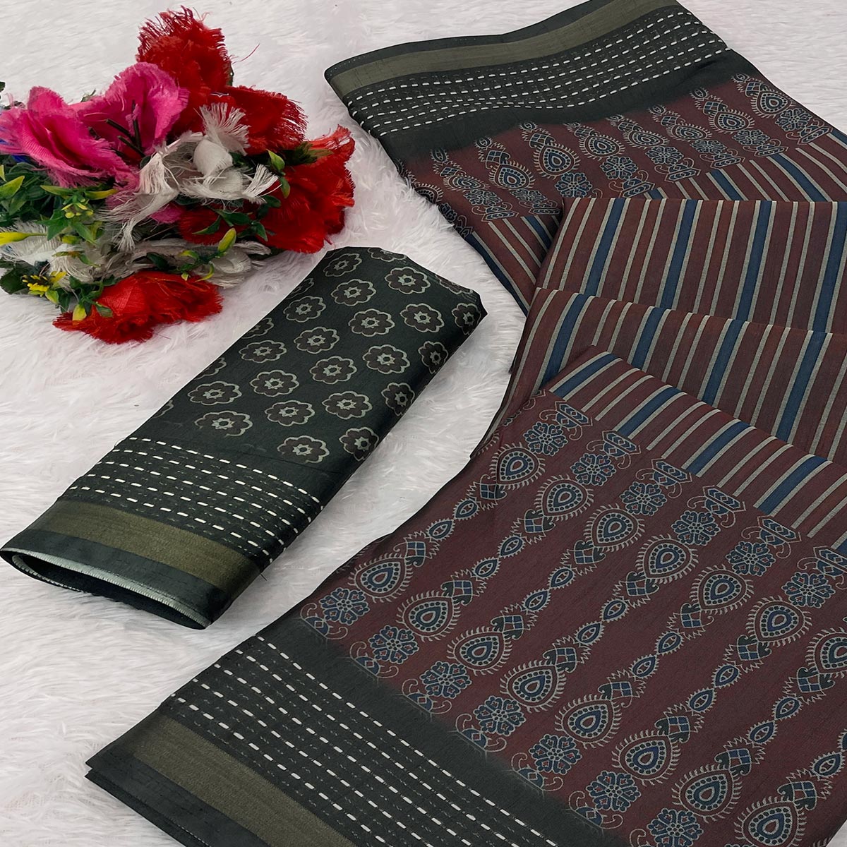 Graceful Wine Digital Ikkat Printed Saree in Luxurious Silk Blend Fabric