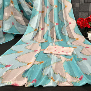 Sky Blue Bloom Floral Digital Printed Georgette Saree Accentuated With Graceful Zari Stripes