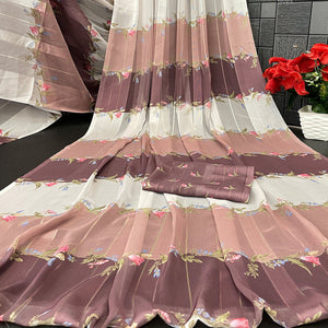 Brown Bloom Floral Digital Printed Georgette Saree Accentuated With Graceful Zari Stripes