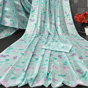 Sky Blue Bloom Floral Digital Printed Georgette Saree Accentuated With Graceful Zari Stripes
