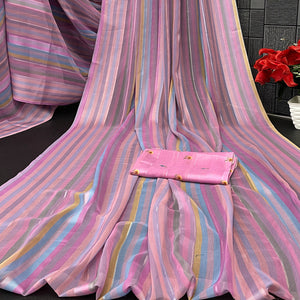 Pink Bloom Floral Digital Printed Georgette Saree Accentuated With Graceful Zari Stripes