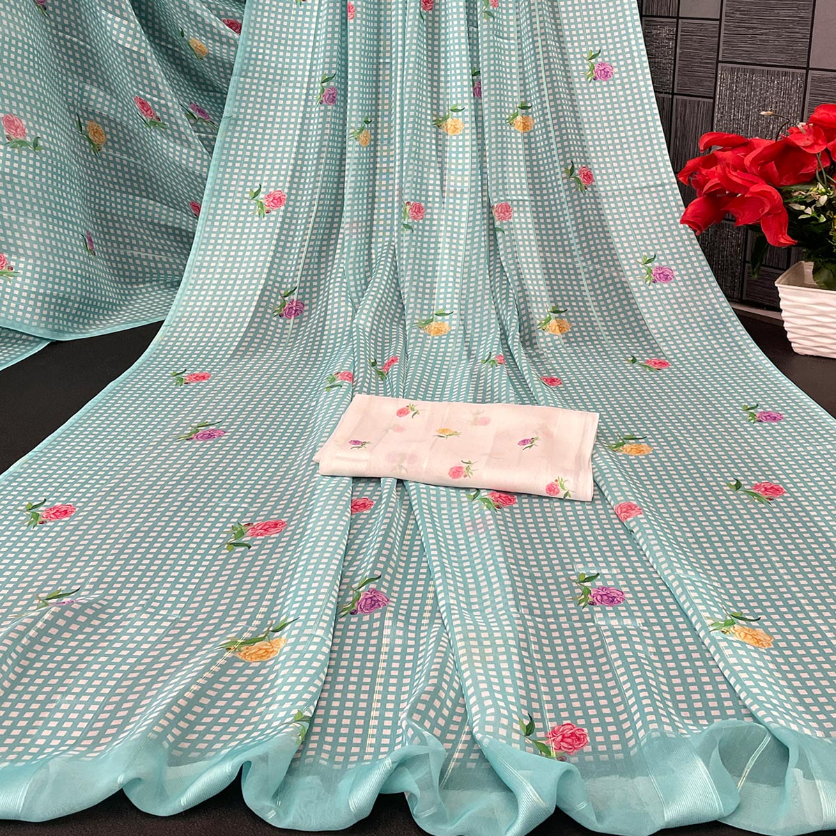 Elegant Sky Blue Floral Digital Printed Georgette Saree With Subtle Detailing