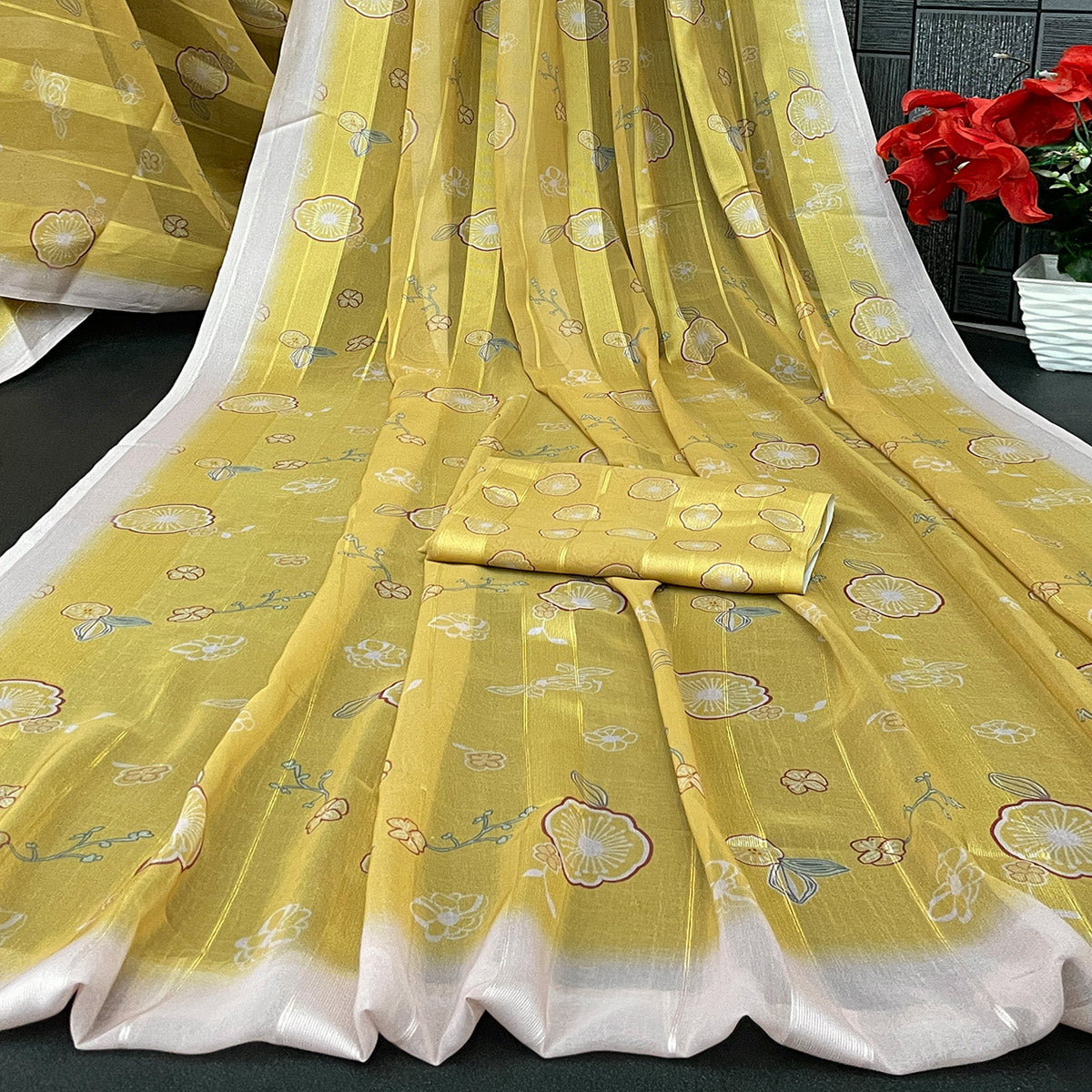 Dark Mustard Bloom Floral Digital Printed Georgette Saree Accentuated With Graceful Zari Stripes