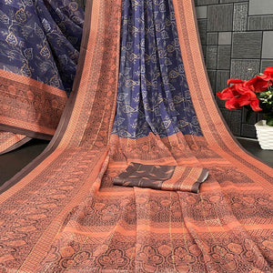 Elegant Navy Blue & Brown Floral Digital Printed Georgette Saree Adorned With Subtle Zari Stripes
