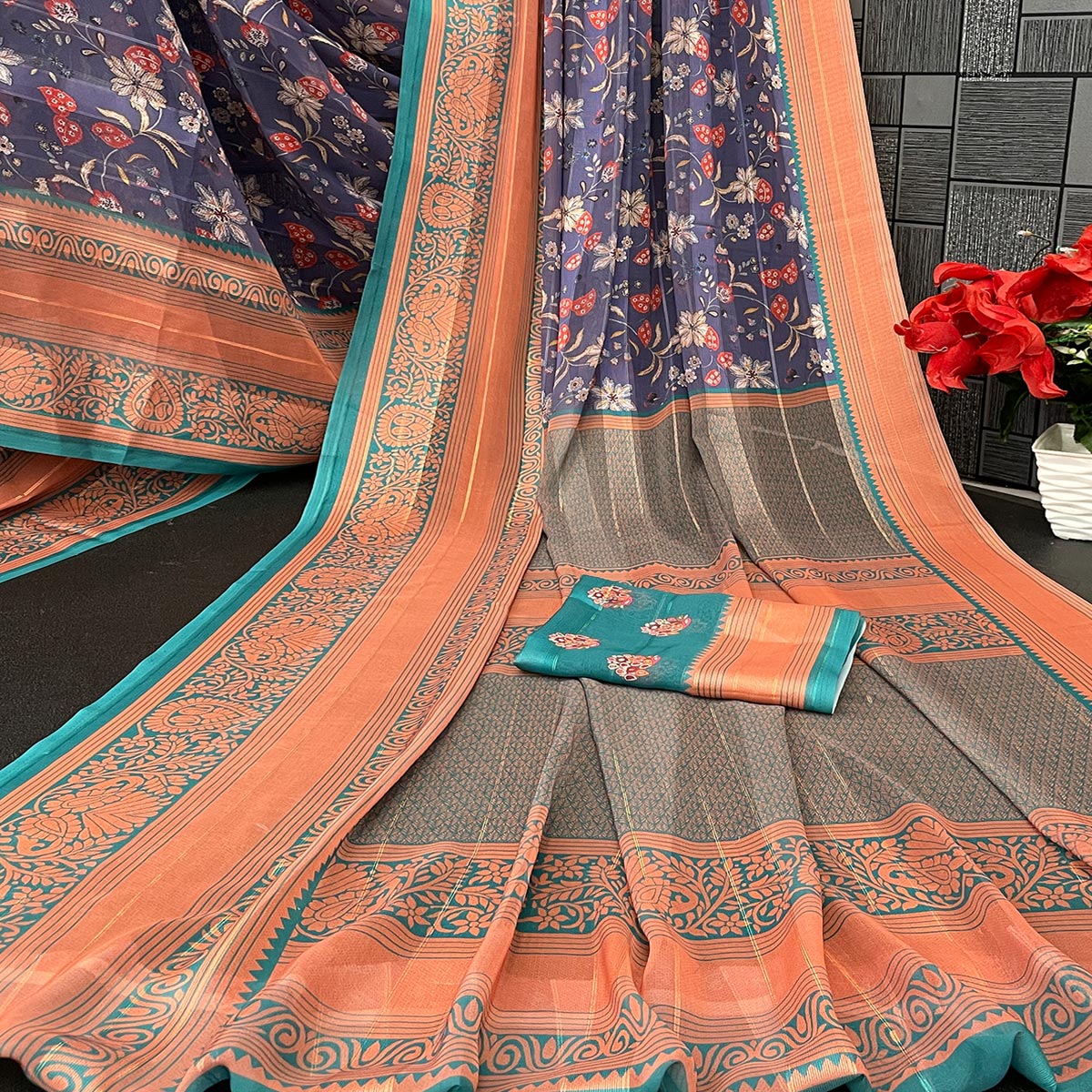 Elegant Purple & Rama Floral Digital Printed Georgette Saree Adorned With Subtle Zari Stripes