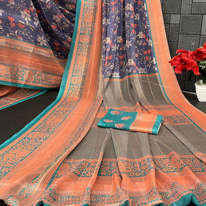 Elegant Purple & Rama Floral Digital Printed Georgette Saree Adorned With Subtle Zari Stripes