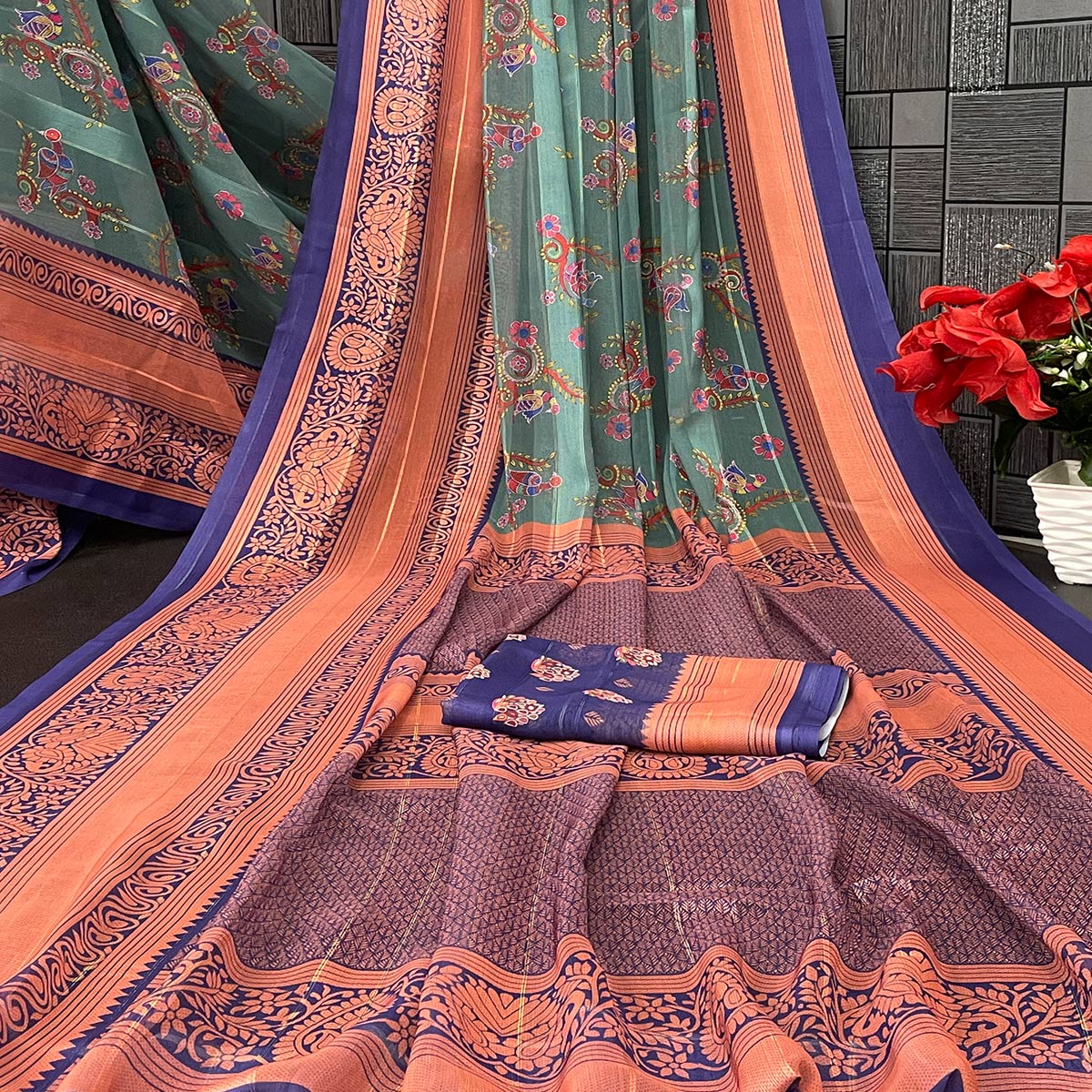 Elegant Rama Green & Blue Floral Digital Printed Georgette Saree Adorned With Subtle Zari Stripes
