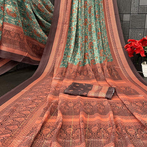 Elegant Green & Brown Floral Digital Printed Georgette Saree Adorned With Subtle Zari Stripes