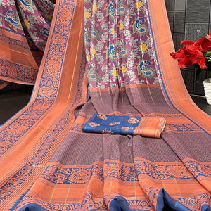 Elegant Wine & Blue Floral Digital Printed Georgette Saree Adorned With Subtle Zari Stripes