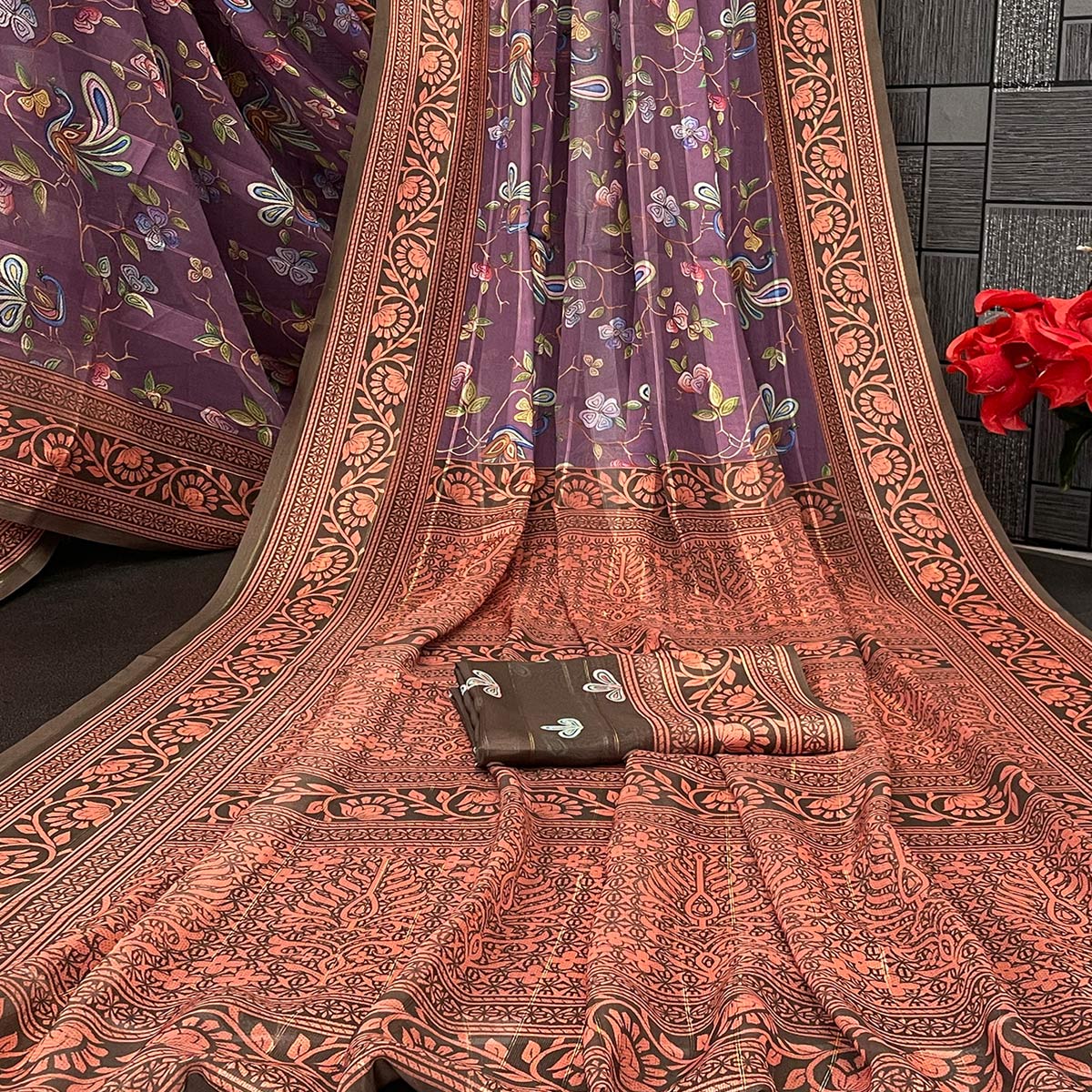 Elegant Wine & Brown Floral Digital Printed Georgette Saree Adorned With Subtle Zari Stripes