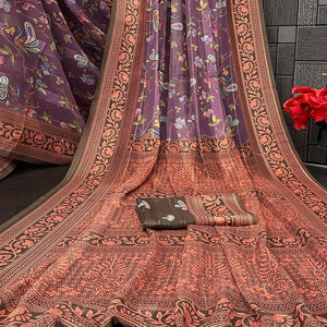 Elegant Wine & Brown Floral Digital Printed Georgette Saree Adorned With Subtle Zari Stripes