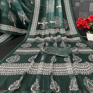 Charming Green Digital Tree Printed Georgette Saree Accentuated With Zari Stripes