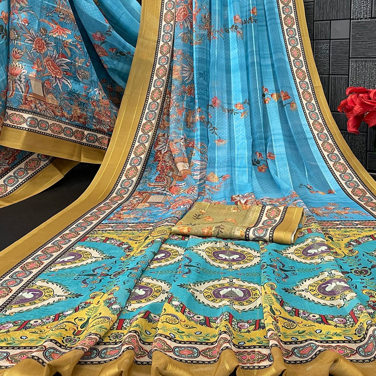 Charming Blue & Mehendi Floral Digital Printed Georgette Saree Accentuated With Zari Stripes