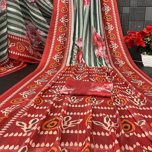 Charming Mehendi Green & Rust Striped Digital Printed Georgette Saree Accentuated With Zari Stripes