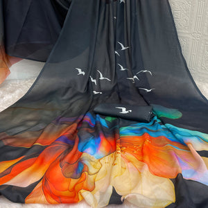 Black Sparkle Star Georgette Saree Adorned With Floral & Bird Digital Prints