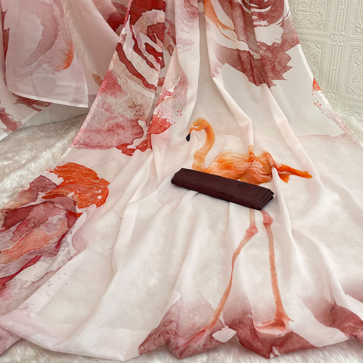 Light Pink Sparkle Star Georgette Saree Adorned With Floral & Bird Digital Prints