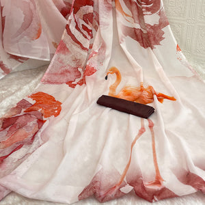 Light Pink Sparkle Star Georgette Saree Adorned With Floral & Bird Digital Prints