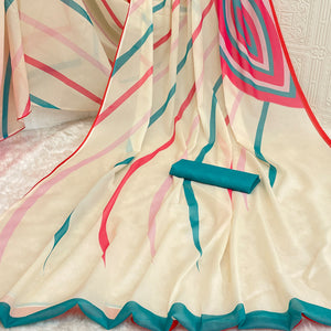 Cream Sparkle Star Georgette Saree Adorned With Striped Digital Prints