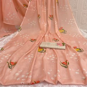 Peach Sparkle Star Georgette Saree Adorned With Floral Digital Prints