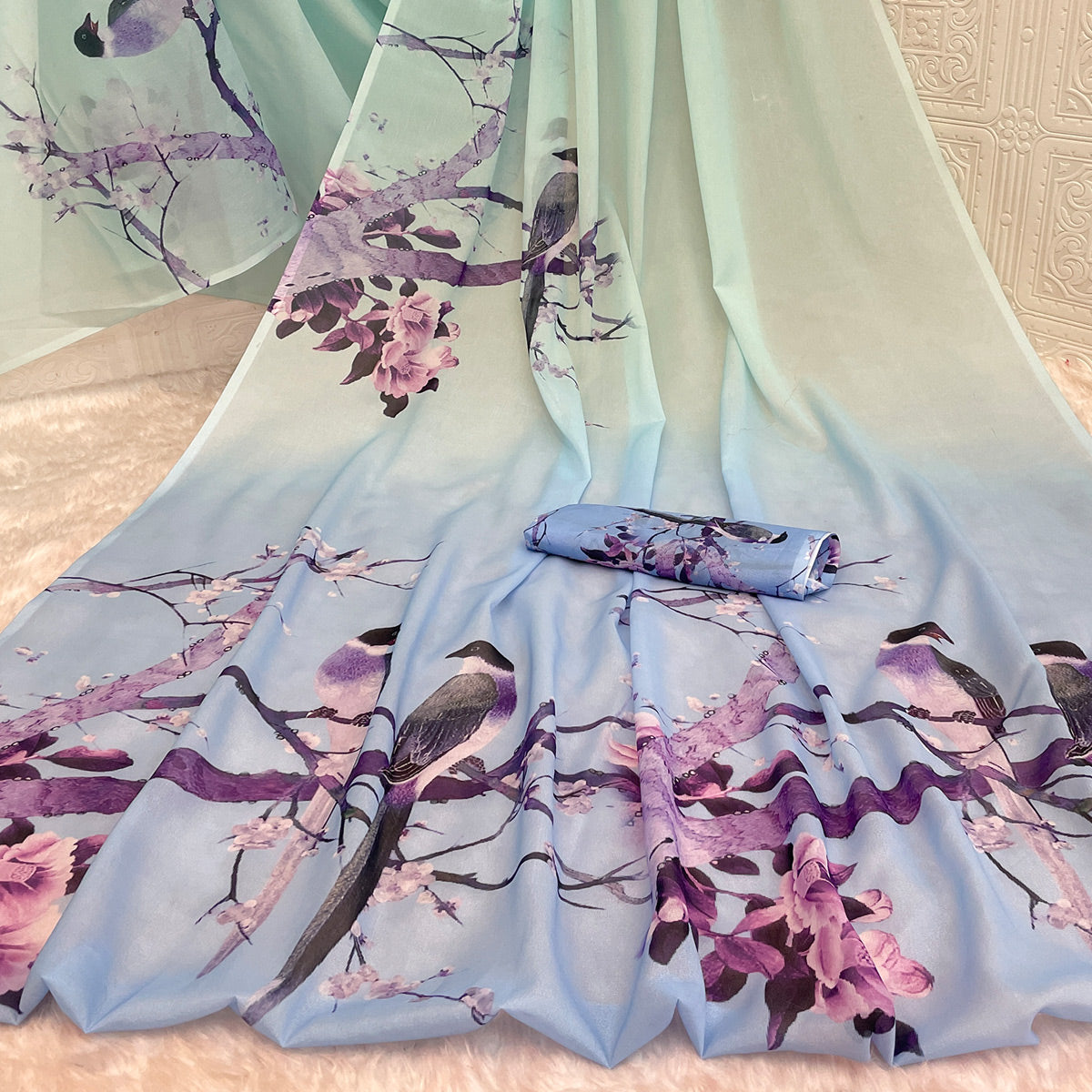 Light Turquoise Sparkle Star Georgette Saree Adorned With Floral & Bird Digital Prints