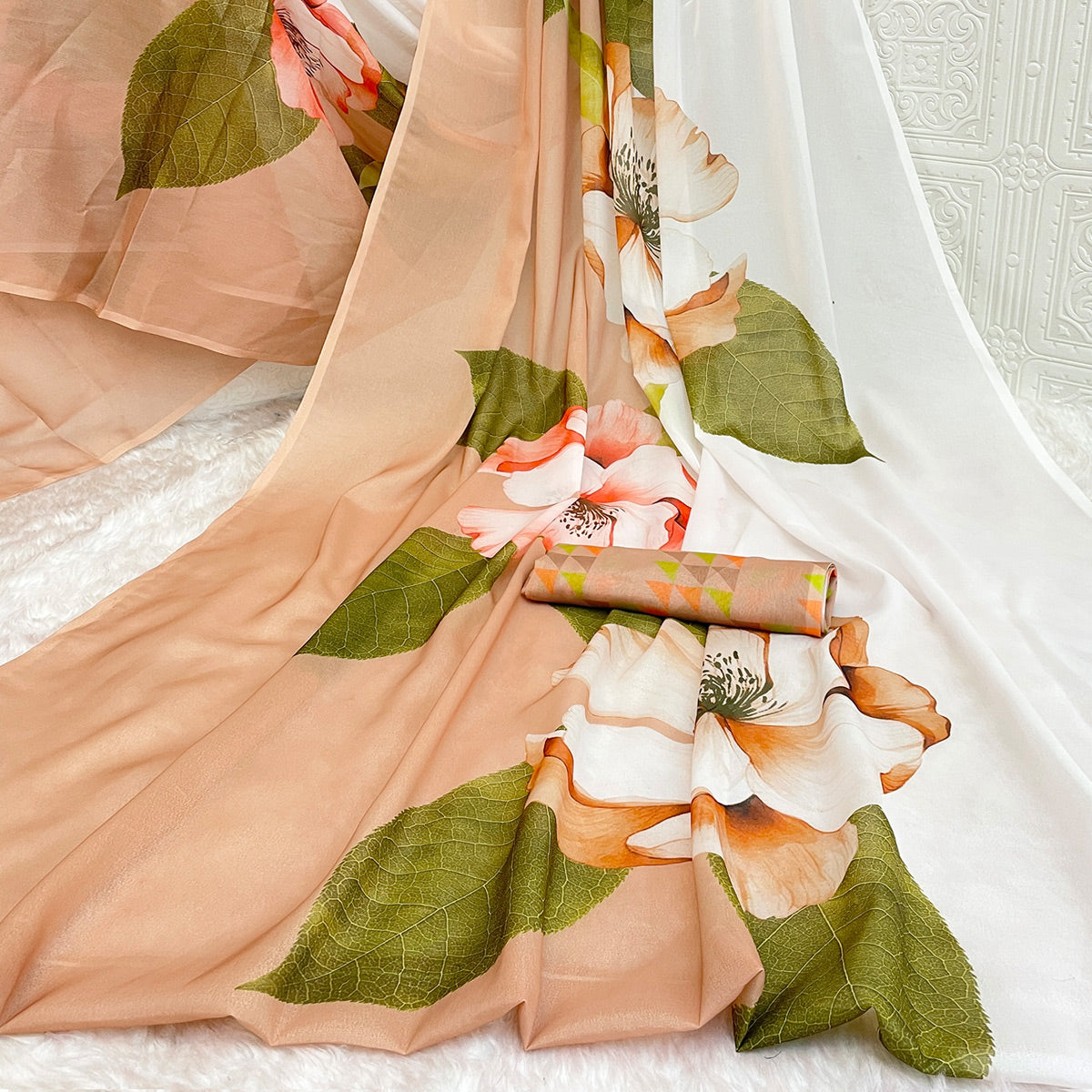 White & Peach Sparkle Star Georgette Saree Adorned With Floral Digital Prints