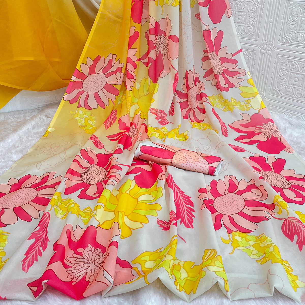 Yellow Sparkle Star Georgette Saree Adorned With Floral Digital Prints