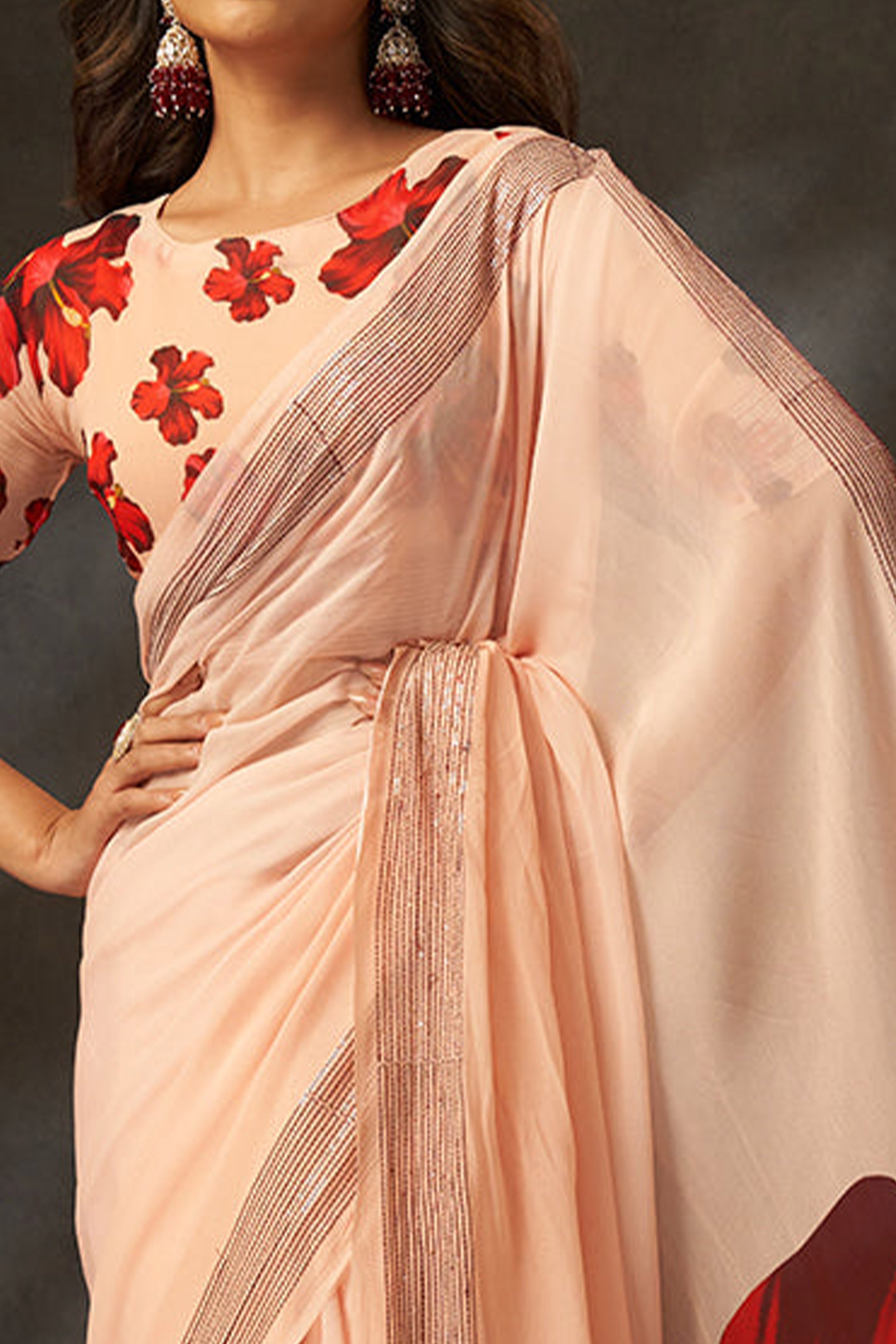 Graceful Peach Floral Digital Print Saree in Georgette With Artistic Crochet Border Work