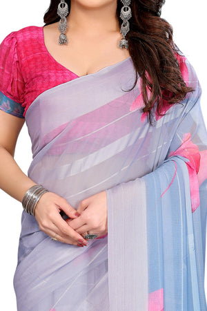 Graceful Grey Floral Digital Print Georgette Saree Featuring Zari Work & Vibrant Striped