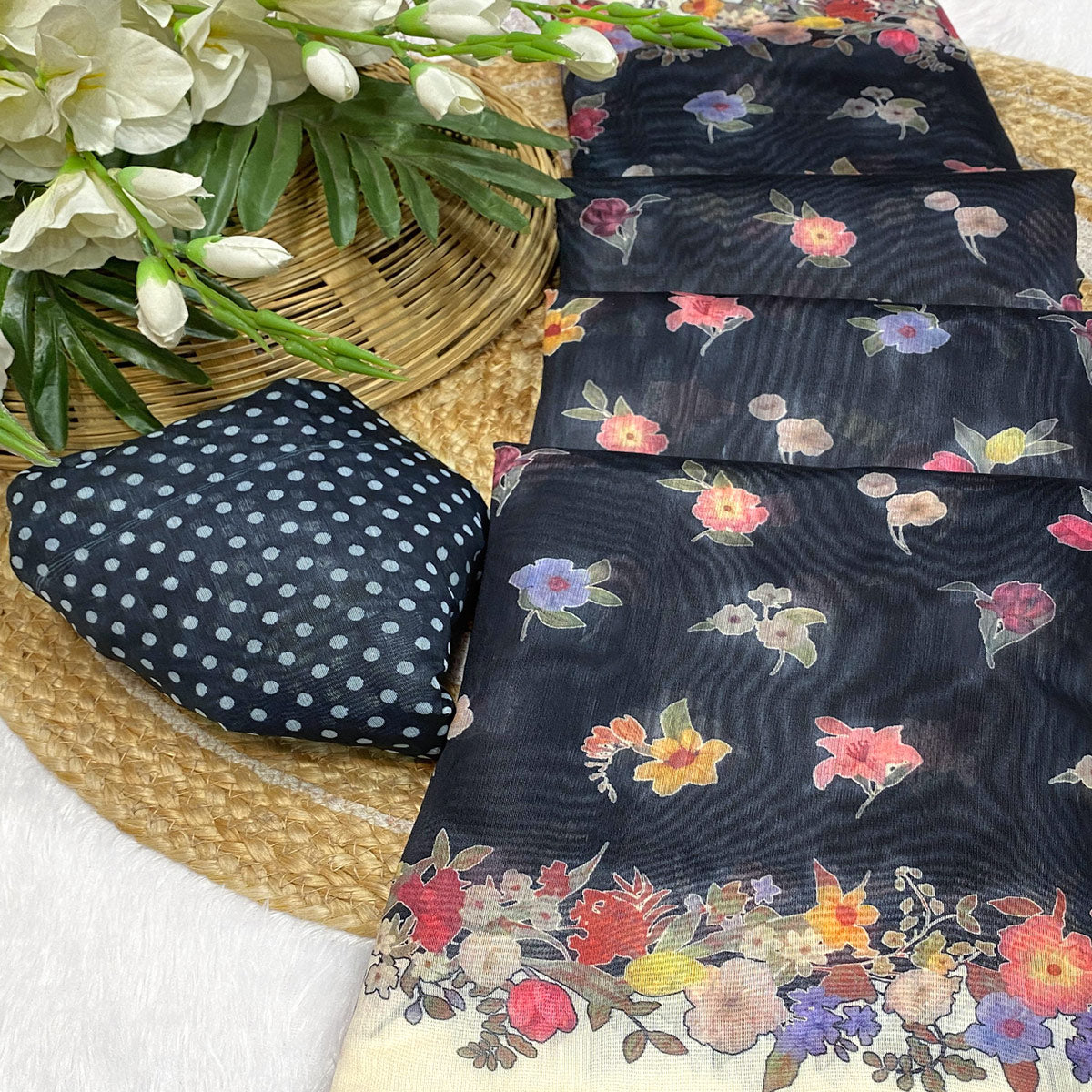 Black Floral Digital Print Chanderi Cotton Saree Enhanced With Charming Zari Weaving Border